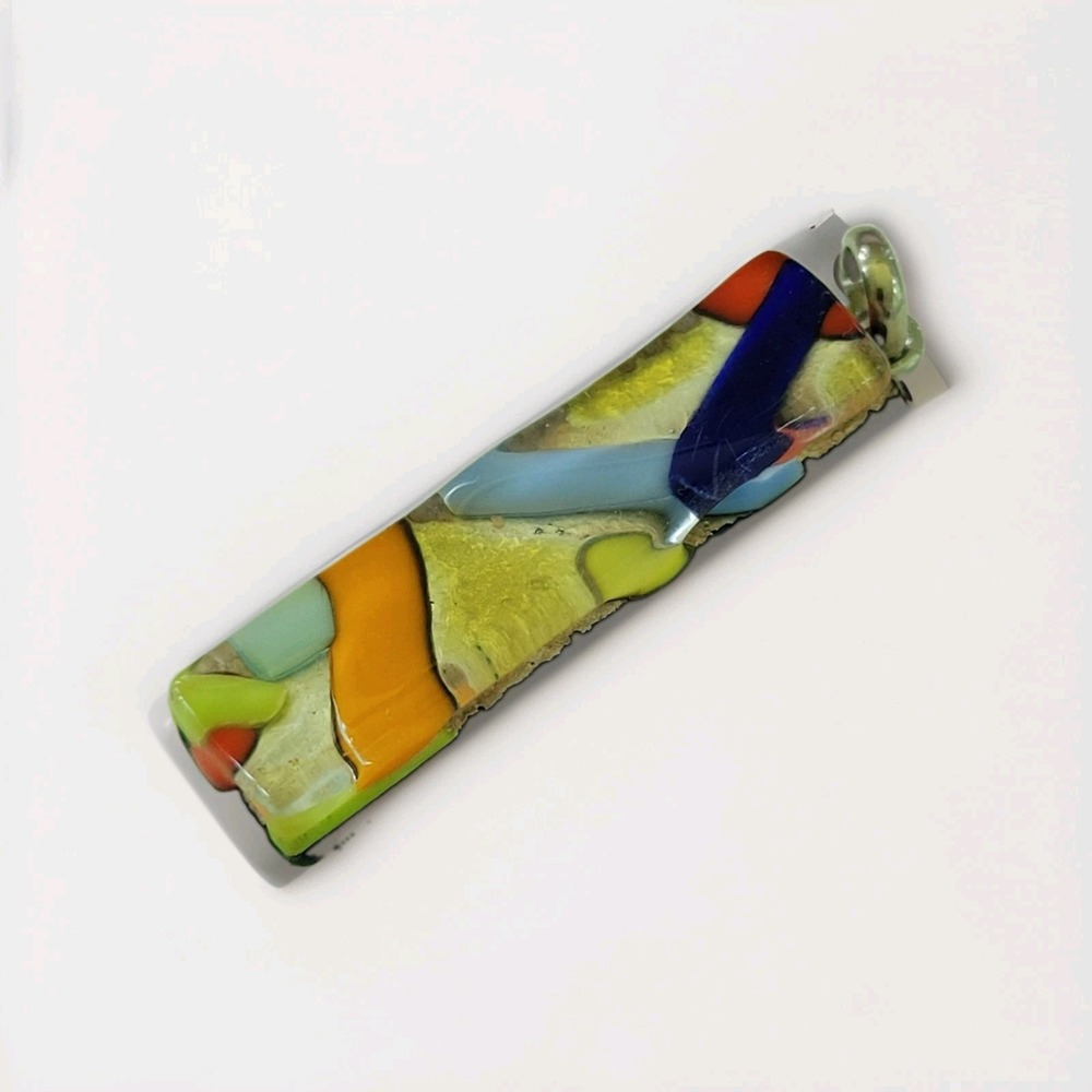 Vintage Multicolor Dichroic Fused Glass Bar Pendant Gold Foil 9g